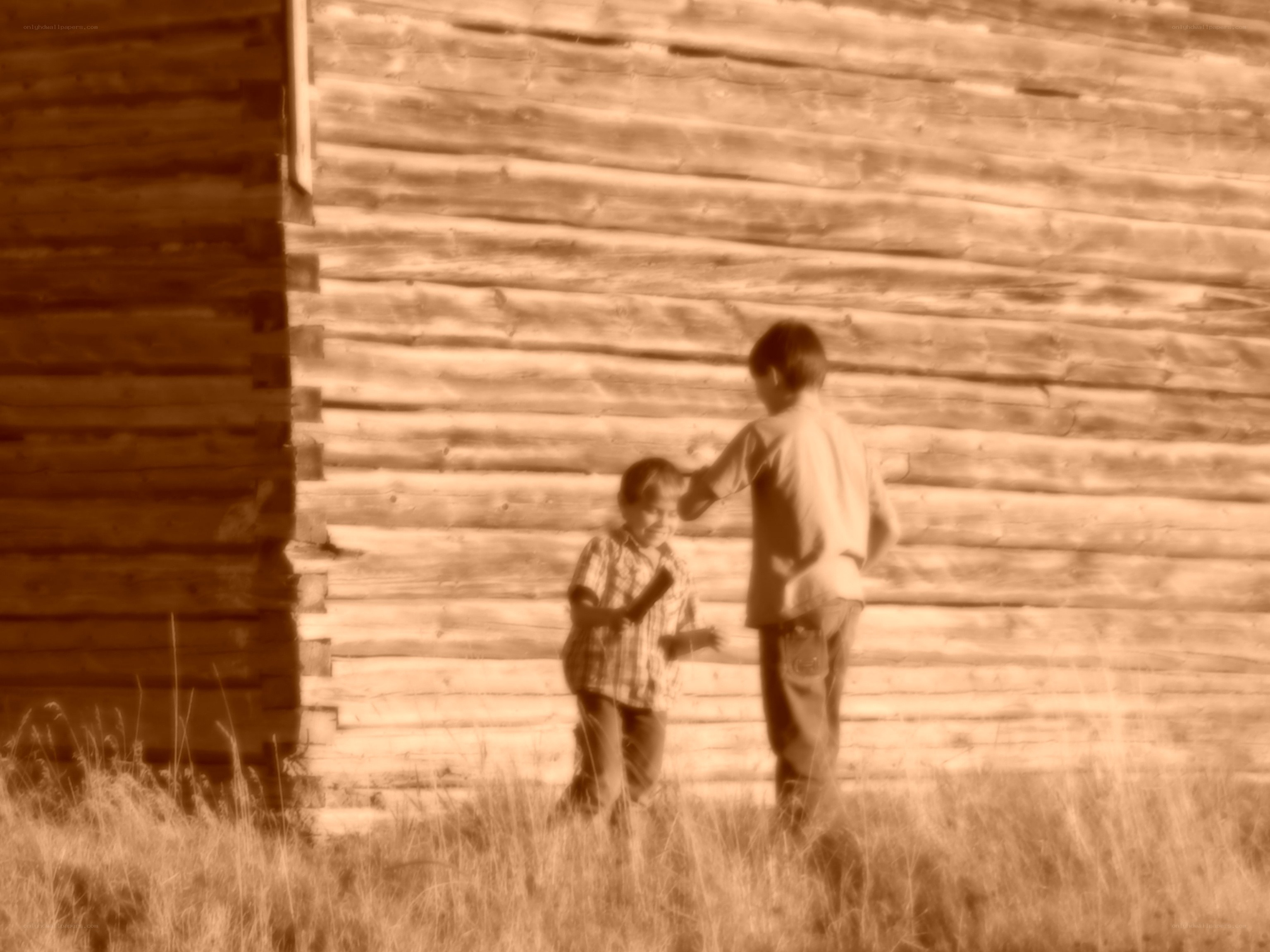 boys playing near log cabin