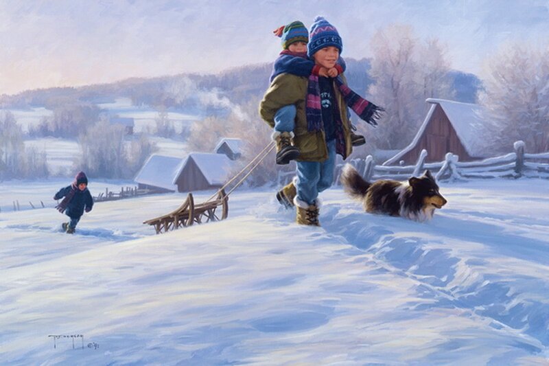 Boys Pulling Sled in Snow — White