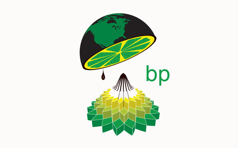 BP logo parody with globe and oil drop