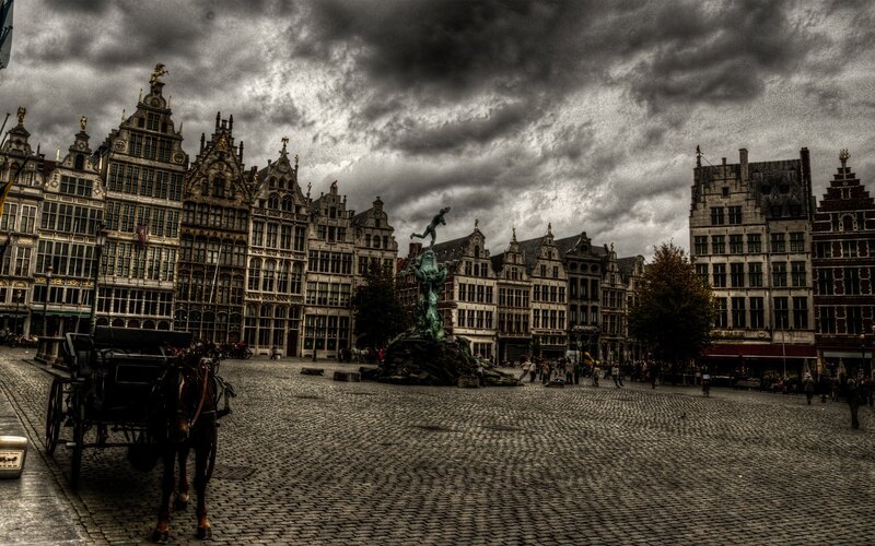 Brabo Statue in Square — Gray, Dramatic