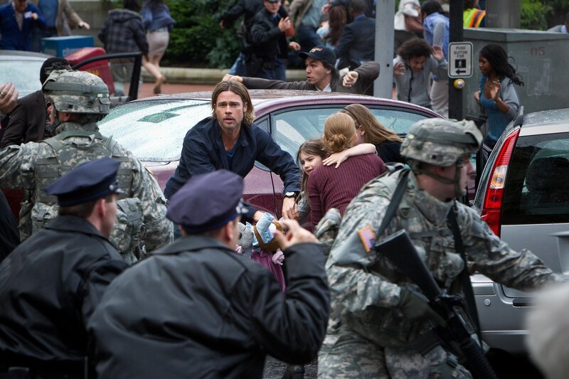 Brad Pitt in a chaotic scene