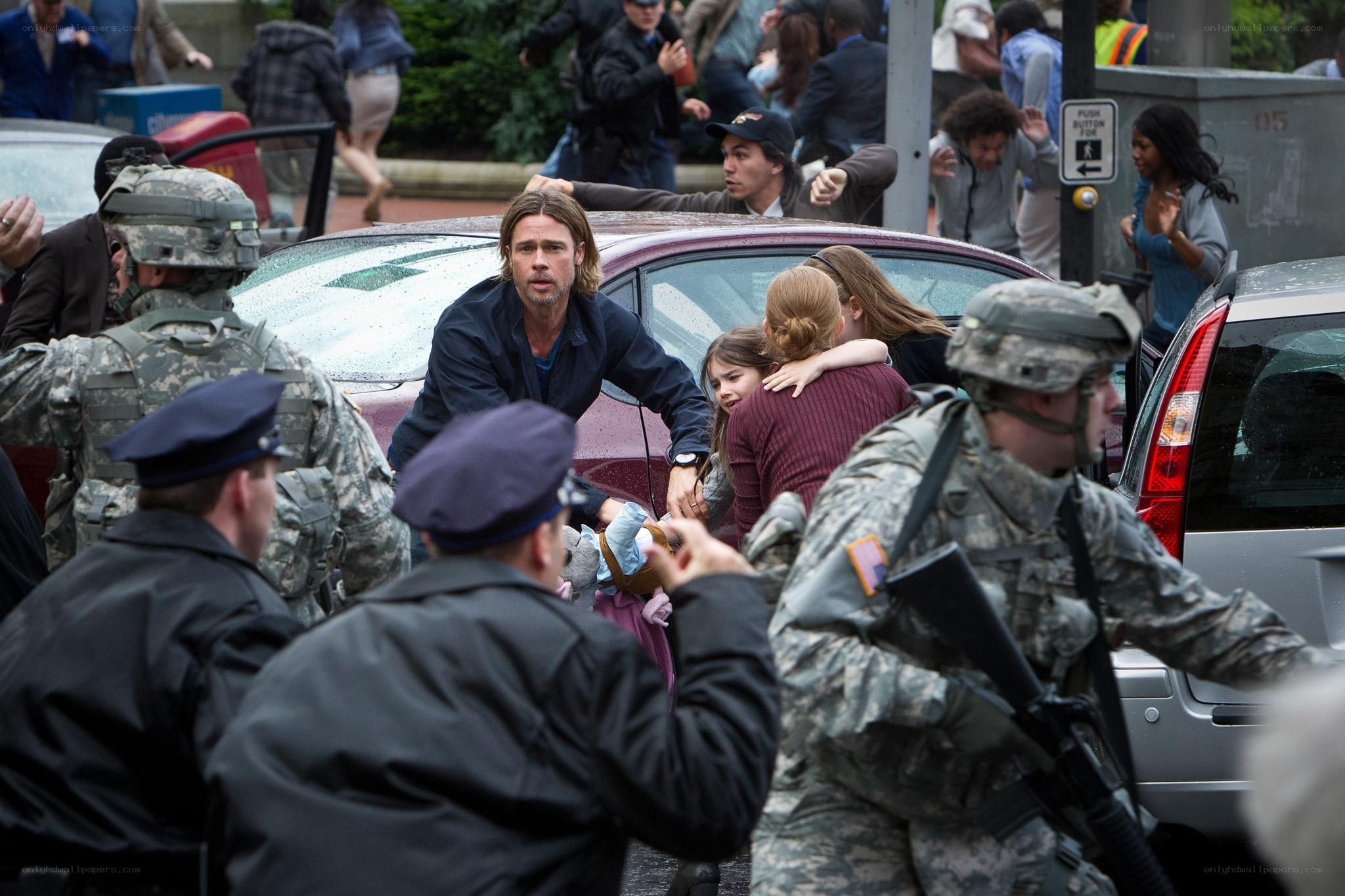 Brad Pitt in a chaotic scene