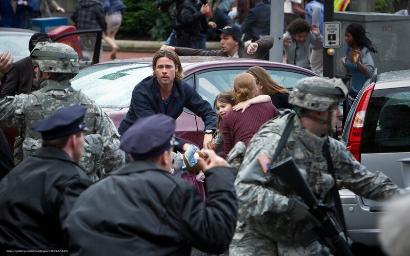 Brad Pitt in a chaotic street scene