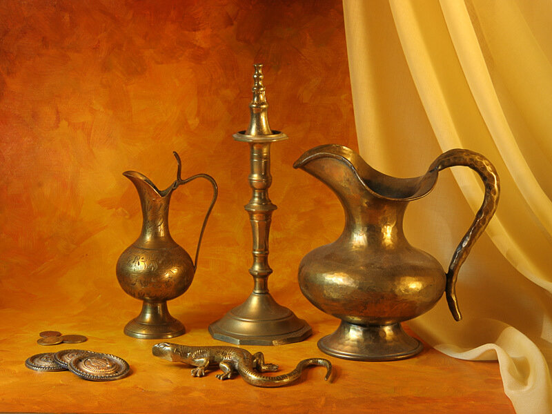 Brass Pitcher and Candlestick