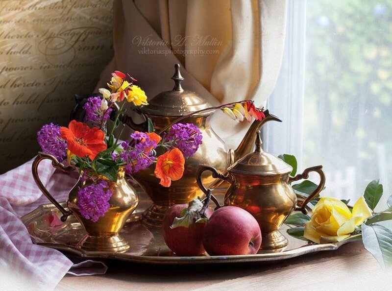 Brass Tea Set with Flowers