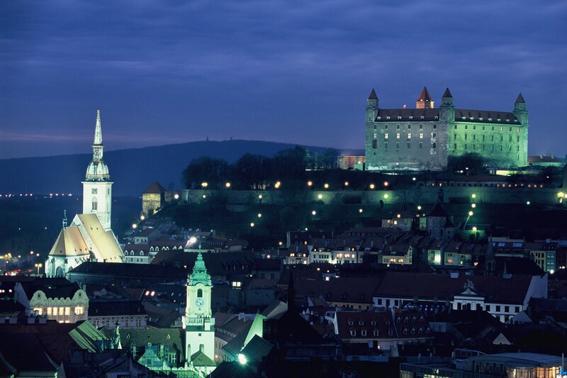 Bratislava Castle at Night — Blue, Serene, Photograph