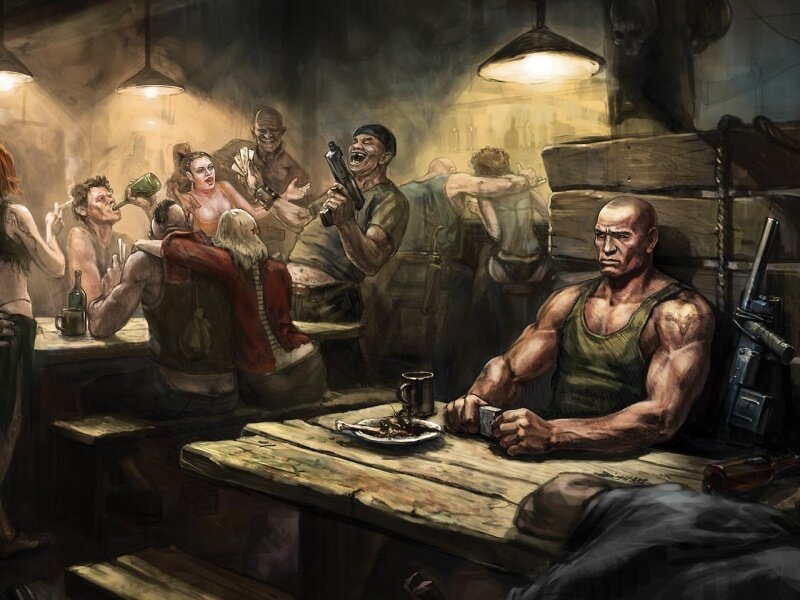 Brawl in a dimly lit tavern