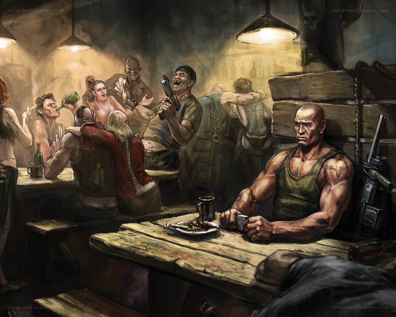 Brawl in a dimly lit tavern