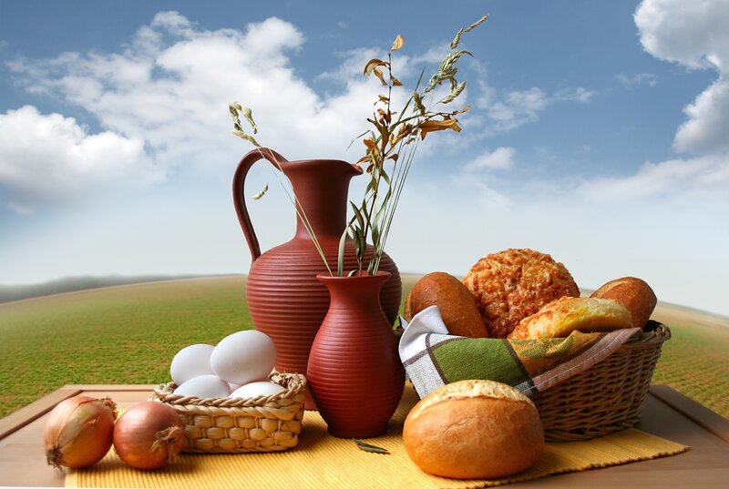 Bread and eggs on a table