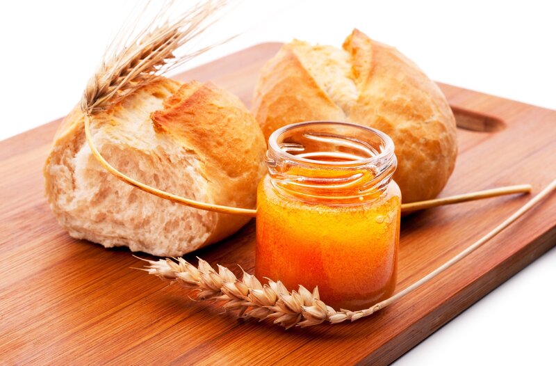 Bread and Honey on Wood