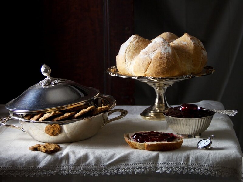 Bread and Jam on Table — White