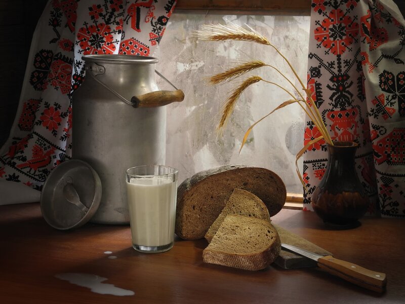 Bread and Milk on Table — Brown