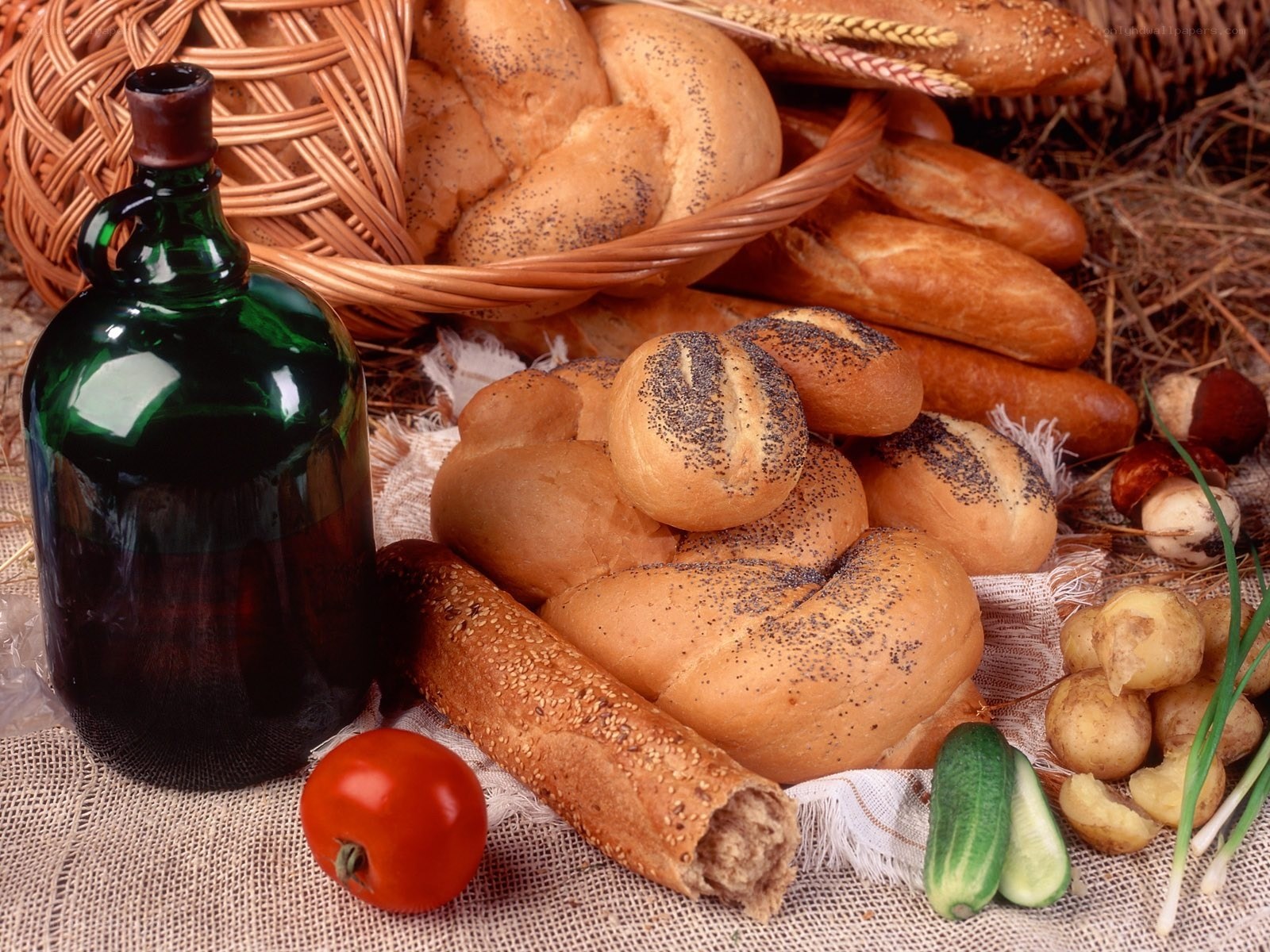 Bread and vegetables on burlap