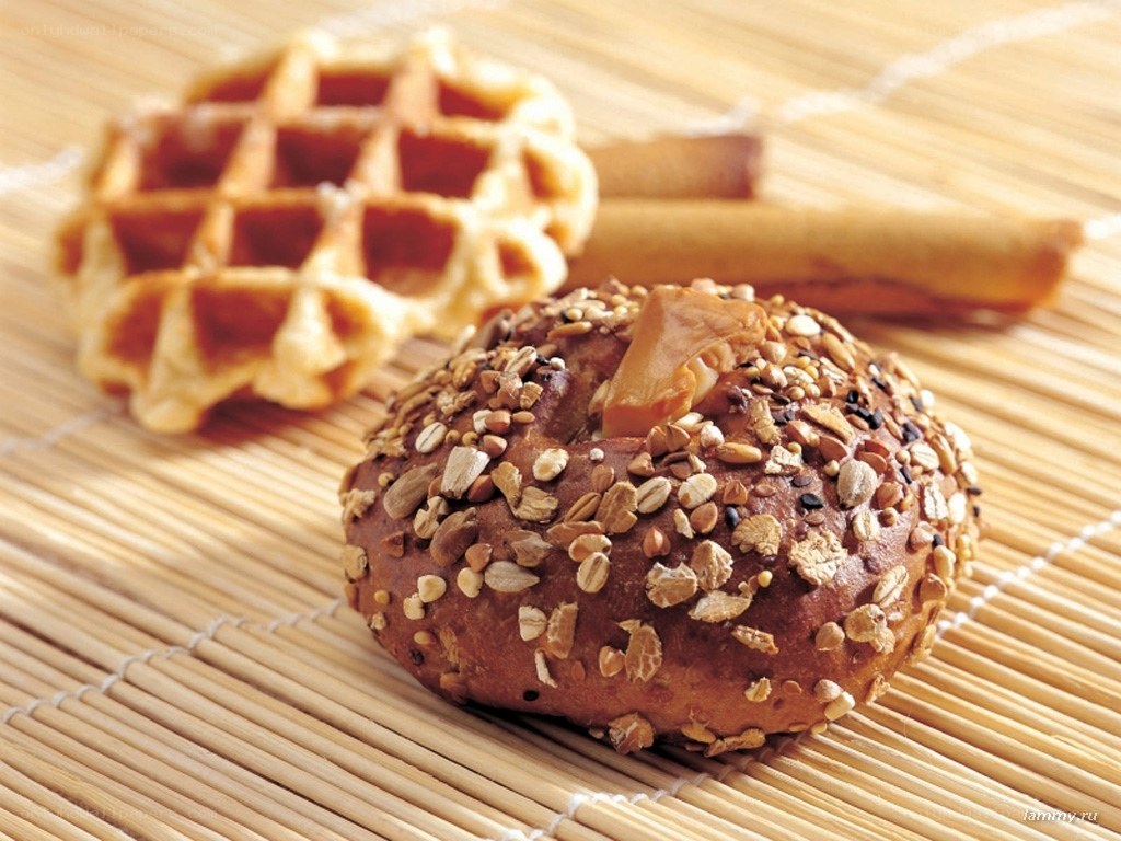 Bread and waffle on bamboo mat