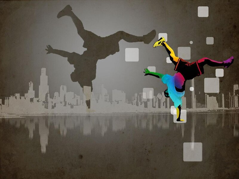 Breakdancer in cityscape