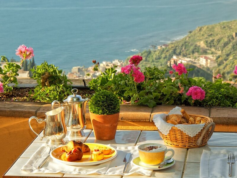 Breakfast on Balcony — Blue, Serene, Morning, Photograph, Flowers