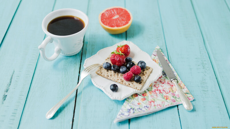 Breakfast on Wooden Table — Blue, Calm