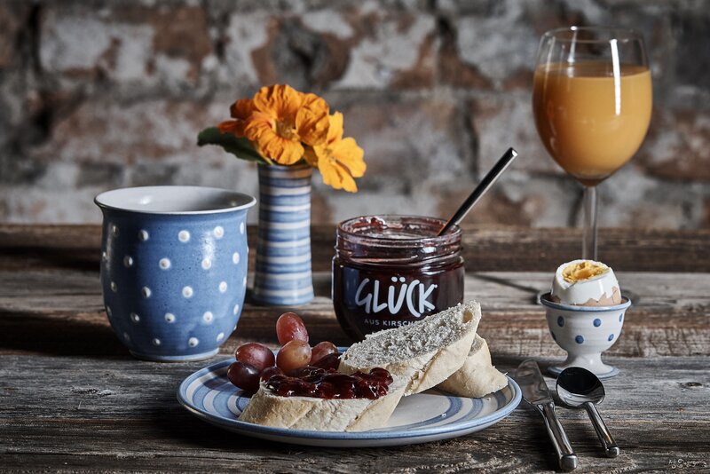 Breakfast on Wooden Table — Blue