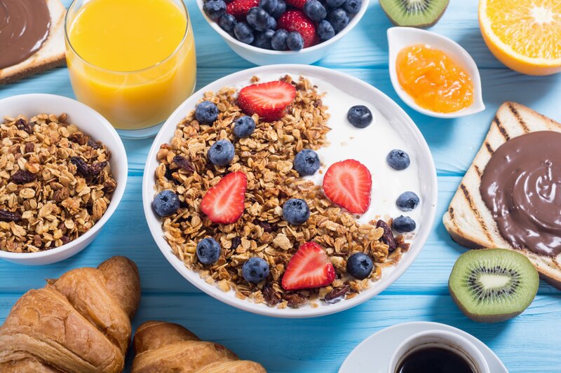 Breakfast Spread on Table — Blue, Bright