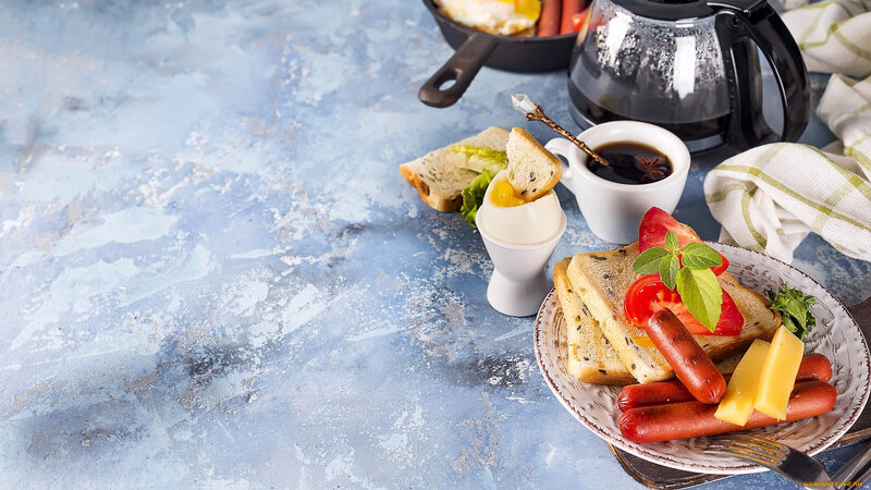 Breakfast Spread on Table — Blue, Calm