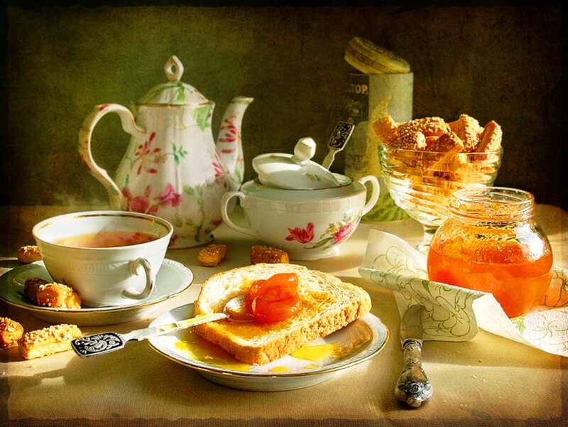 Breakfast Spread on Table — Brown, Dramatic