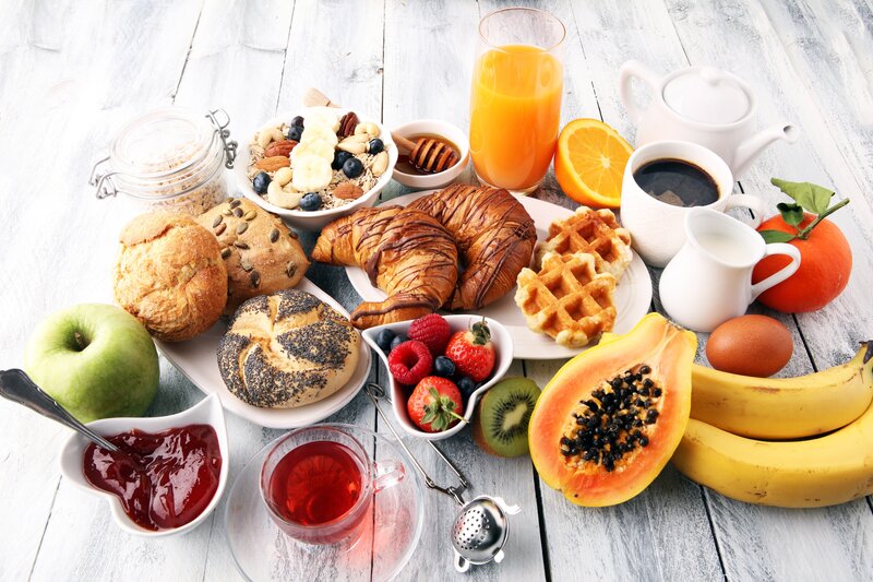 Breakfast Spread on Table — White, Appetizing, Morning, Photograph, Fruit