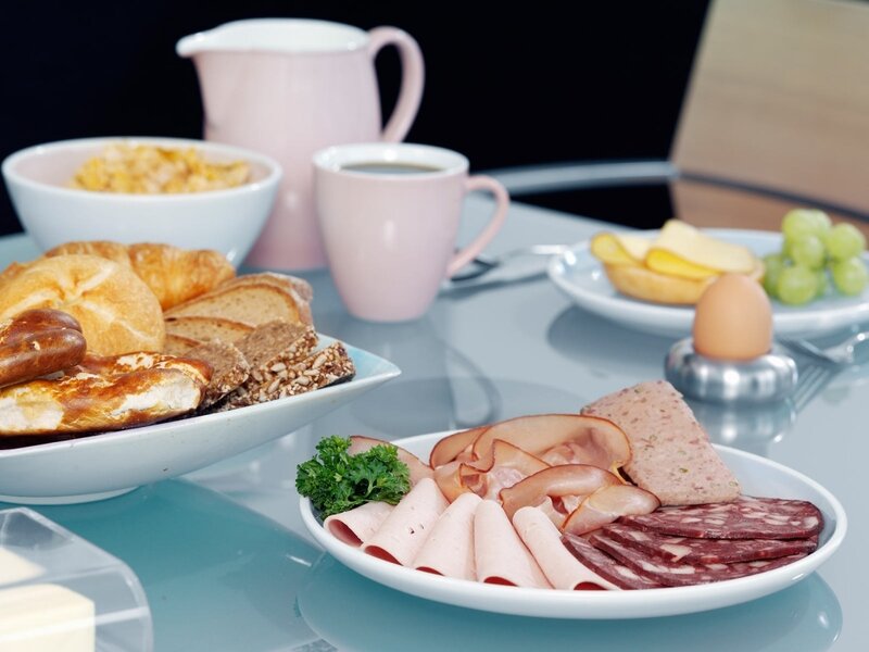 Breakfast Spread on Table — White, Calm, Morning, Photograph, Bread