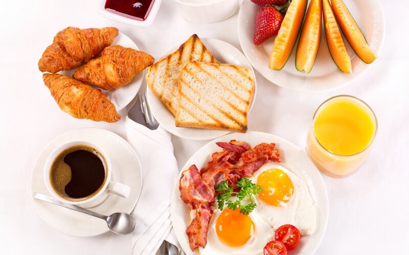 Breakfast Spread on Table — White, Calm, Morning, Photograph, Coffee