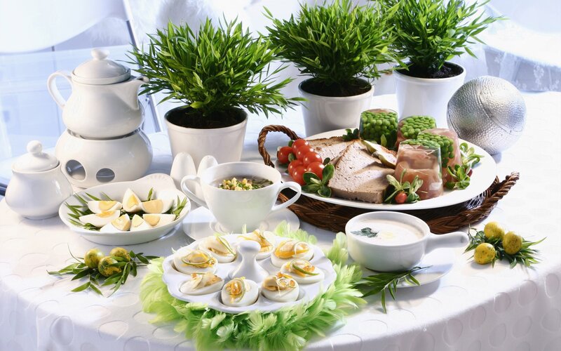 Breakfast Spread on Table — White, Calm, Morning, Photograph, Plants