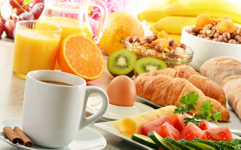 Breakfast Spread on Table — Yellow, Appetizing
