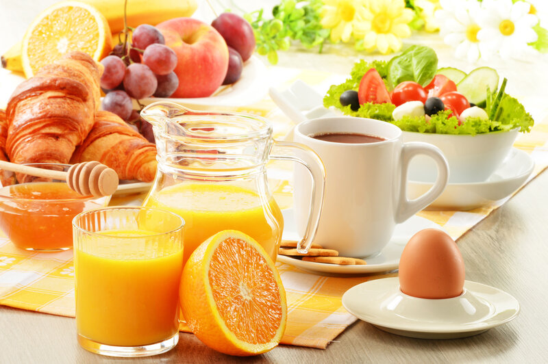 Breakfast Spread on Table — Yellow, Bright, Morning, Photograph