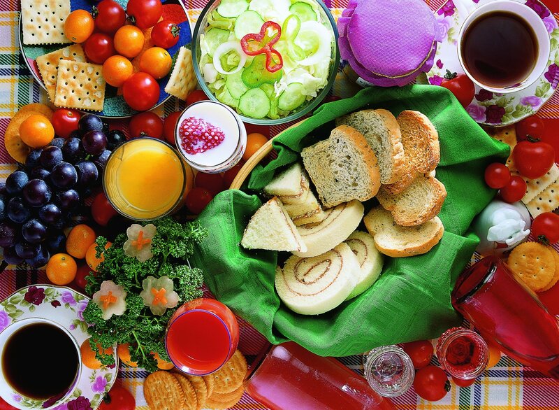 Breakfast spread with fruits and bread