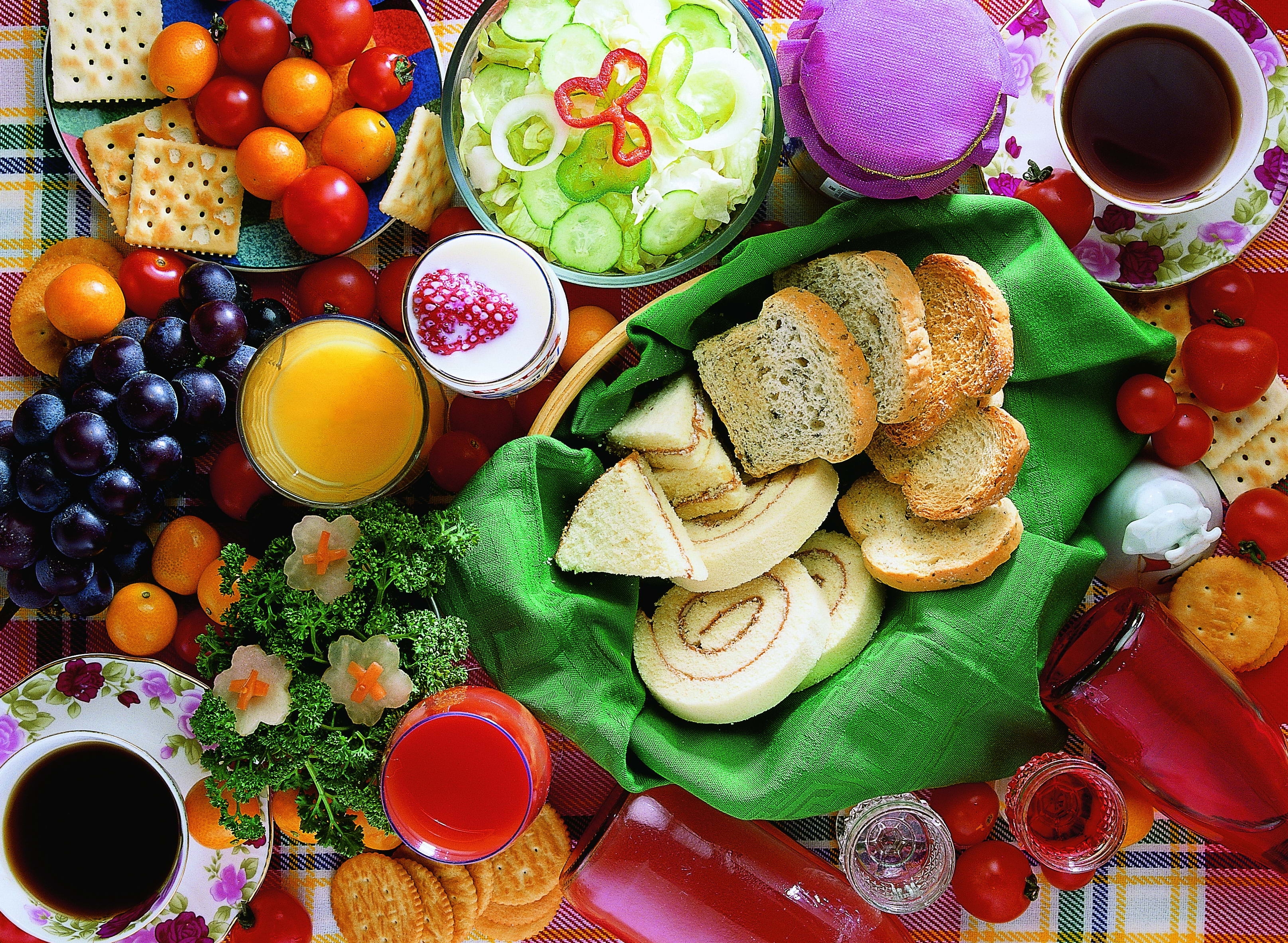 Breakfast spread with fruits and bread