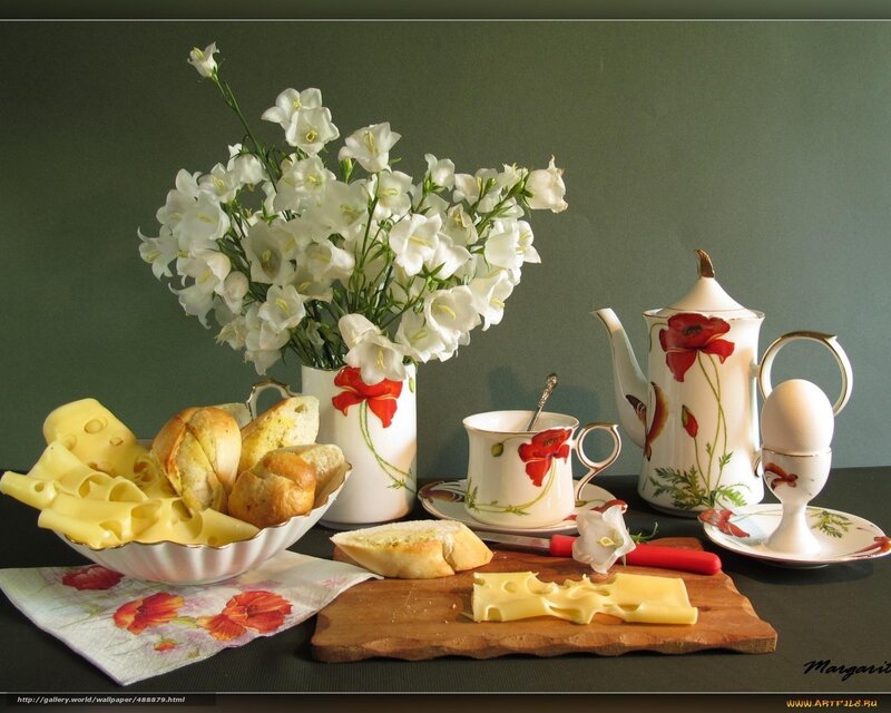 Breakfast still life with flowers