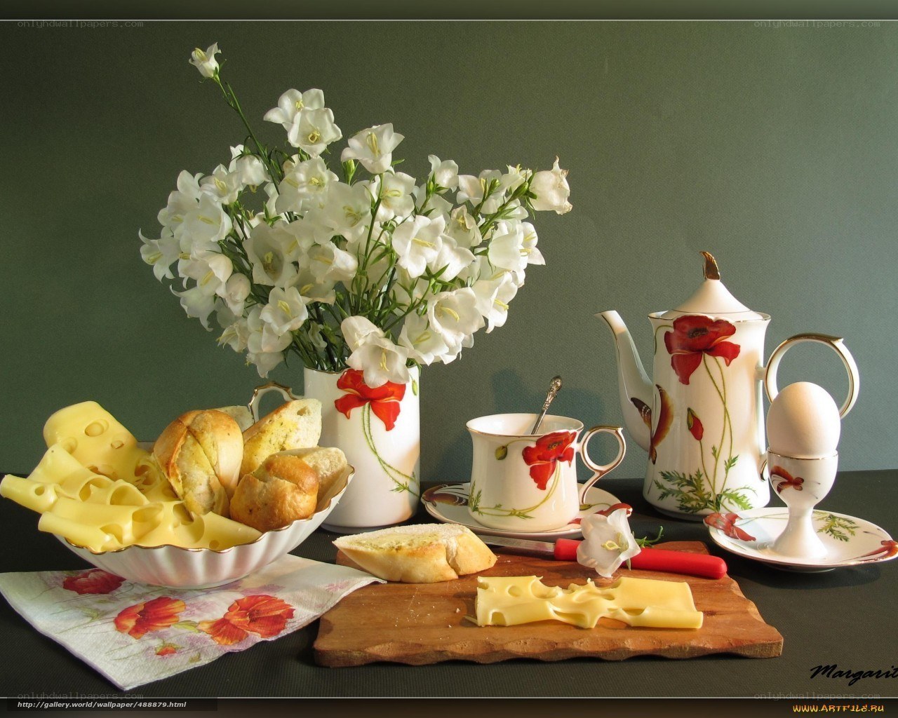 Breakfast still life with flowers