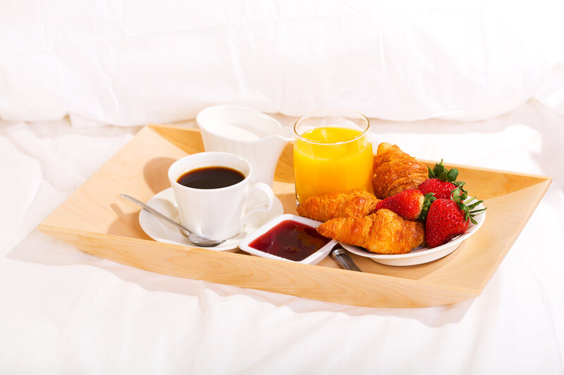 Breakfast Tray on Bed — White, Calm, Morning, Photograph, Croissants