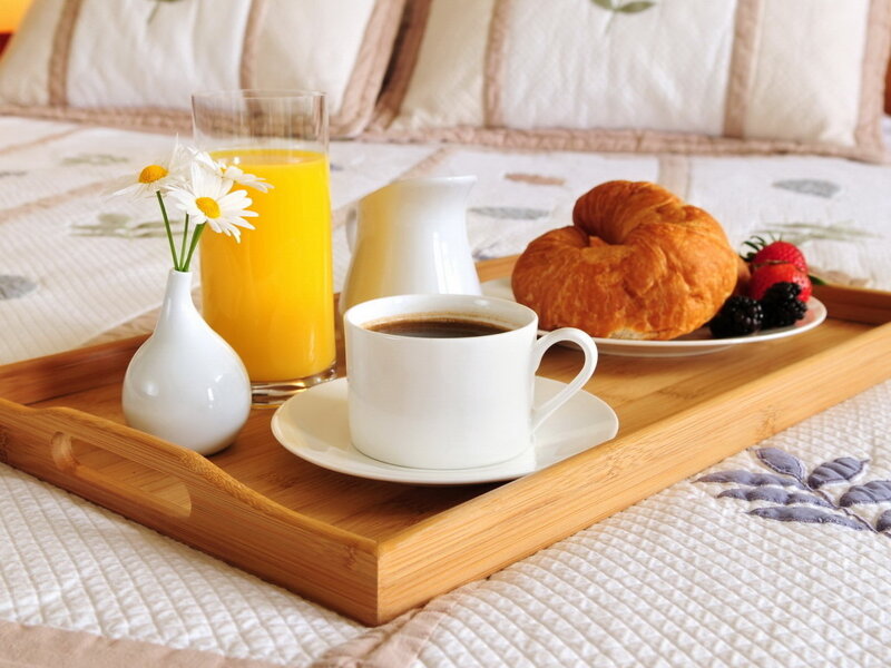 Breakfast Tray on Bed — White, Calm, Morning, Photograph
