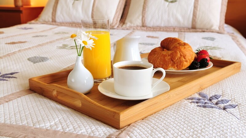 Breakfast Tray on Bed — White, Serene, Morning, Photograph, Croissant, Coffee Cup