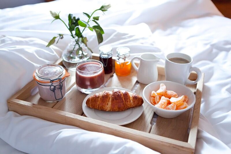 Breakfast Tray on Bed — White, Serene, Morning, Photograph, Croissant