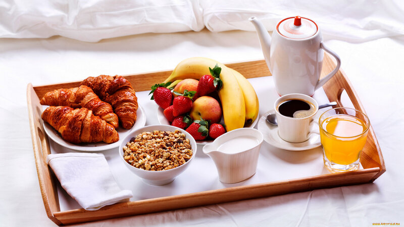 Breakfast Tray on Bed — White, Serene, Morning, Photograph, Croissants, Fruit