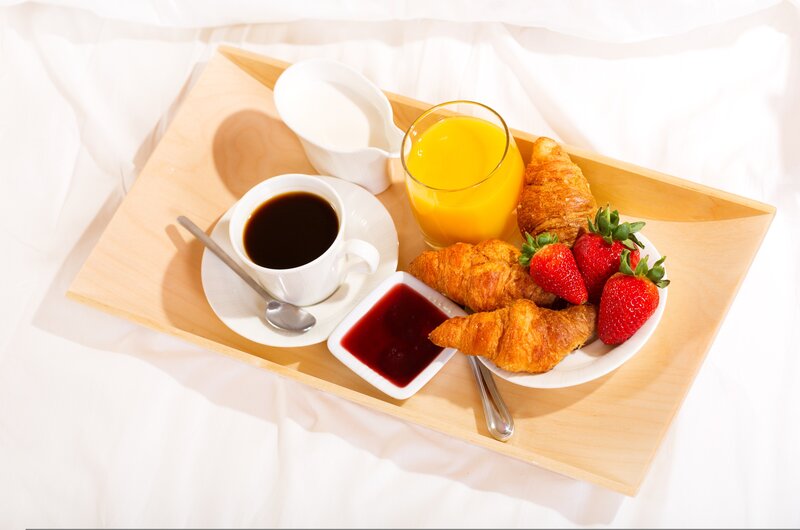 Breakfast Tray on Bed — White, Serene, Morning, Photograph, Croissants