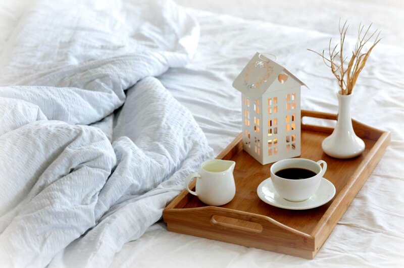Breakfast Tray on Bed — White, Serene, Morning, Photograph, Cup of Coffee