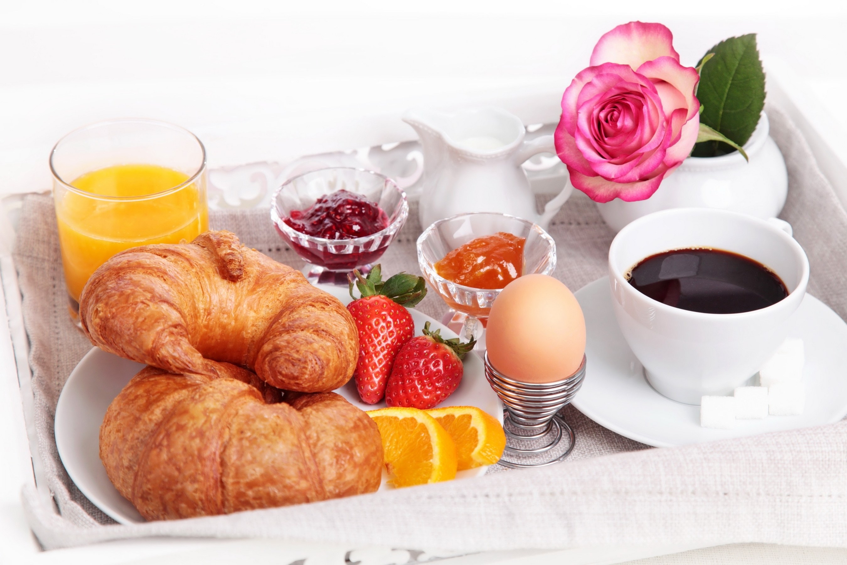 Breakfast tray with croissants and coffee