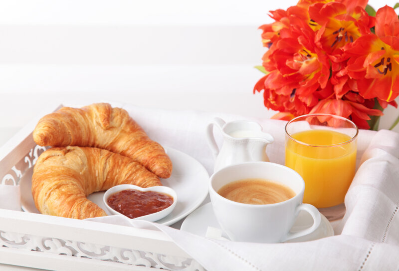 Breakfast Tray with Croissants — White, Serene, Morning, Photograph, Flowers