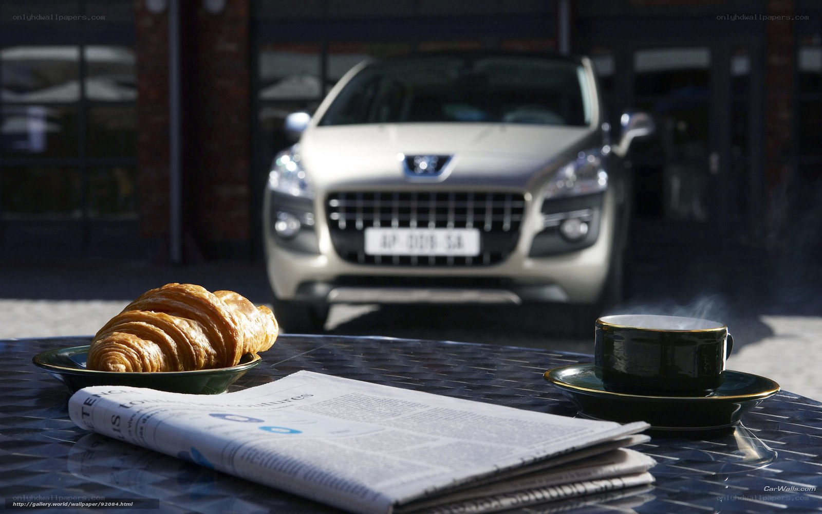 Breakfast with a car in background
