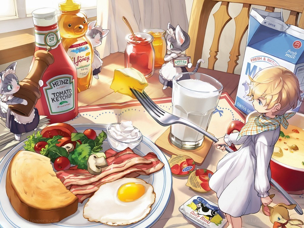 Breakfast with a child and cats