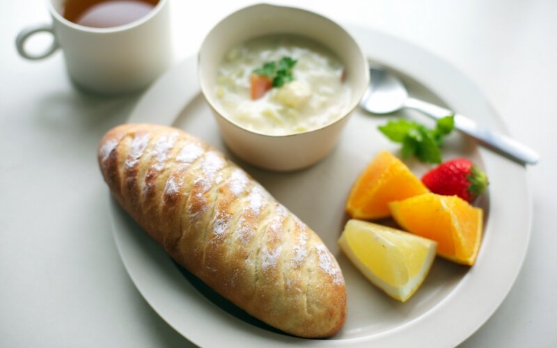 Breakfast with bread and fruit