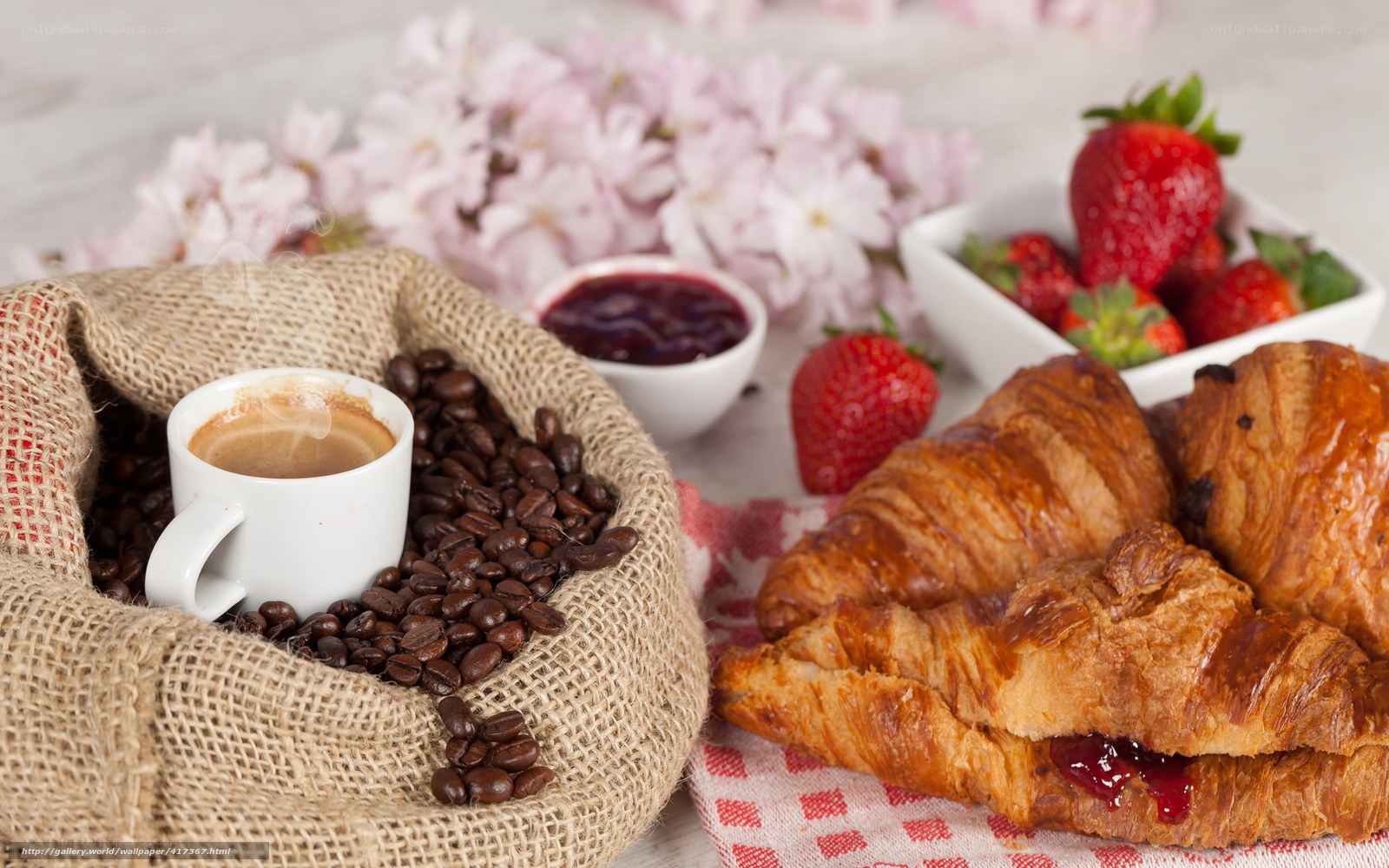 Breakfast with coffee and croissants