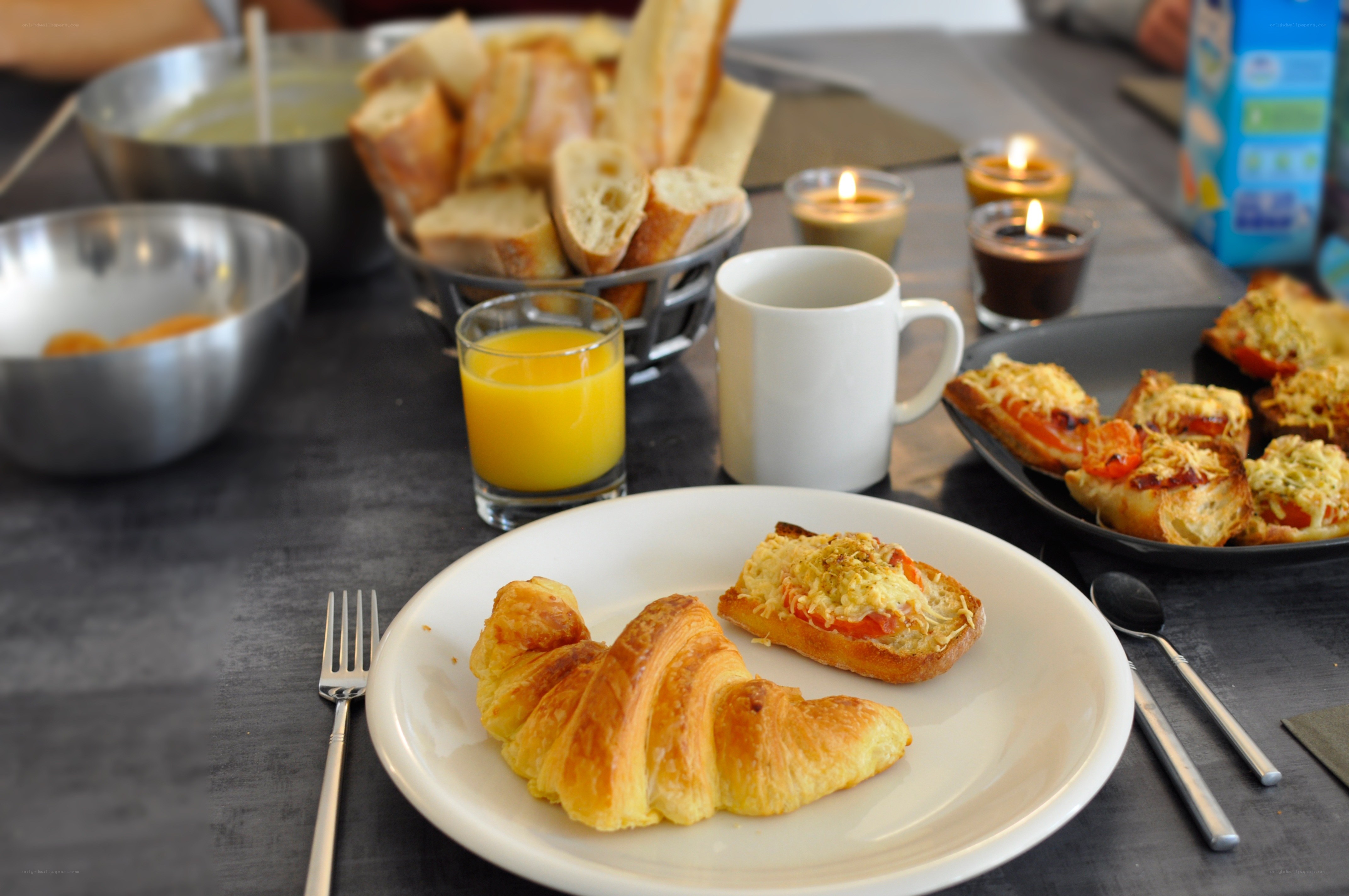 Breakfast with croissant and orange juice