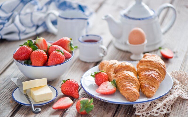 Breakfast with Croissants — White, Calm, Morning, Photograph, Strawberries